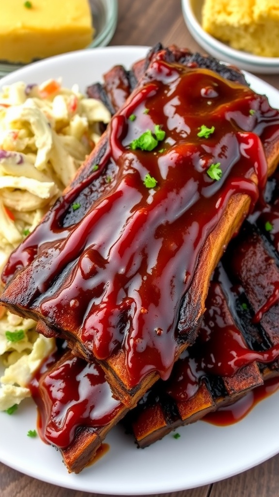 Tender slow-cooked ribs coated in barbecue sauce, served with coleslaw and cornbread on a rustic table.